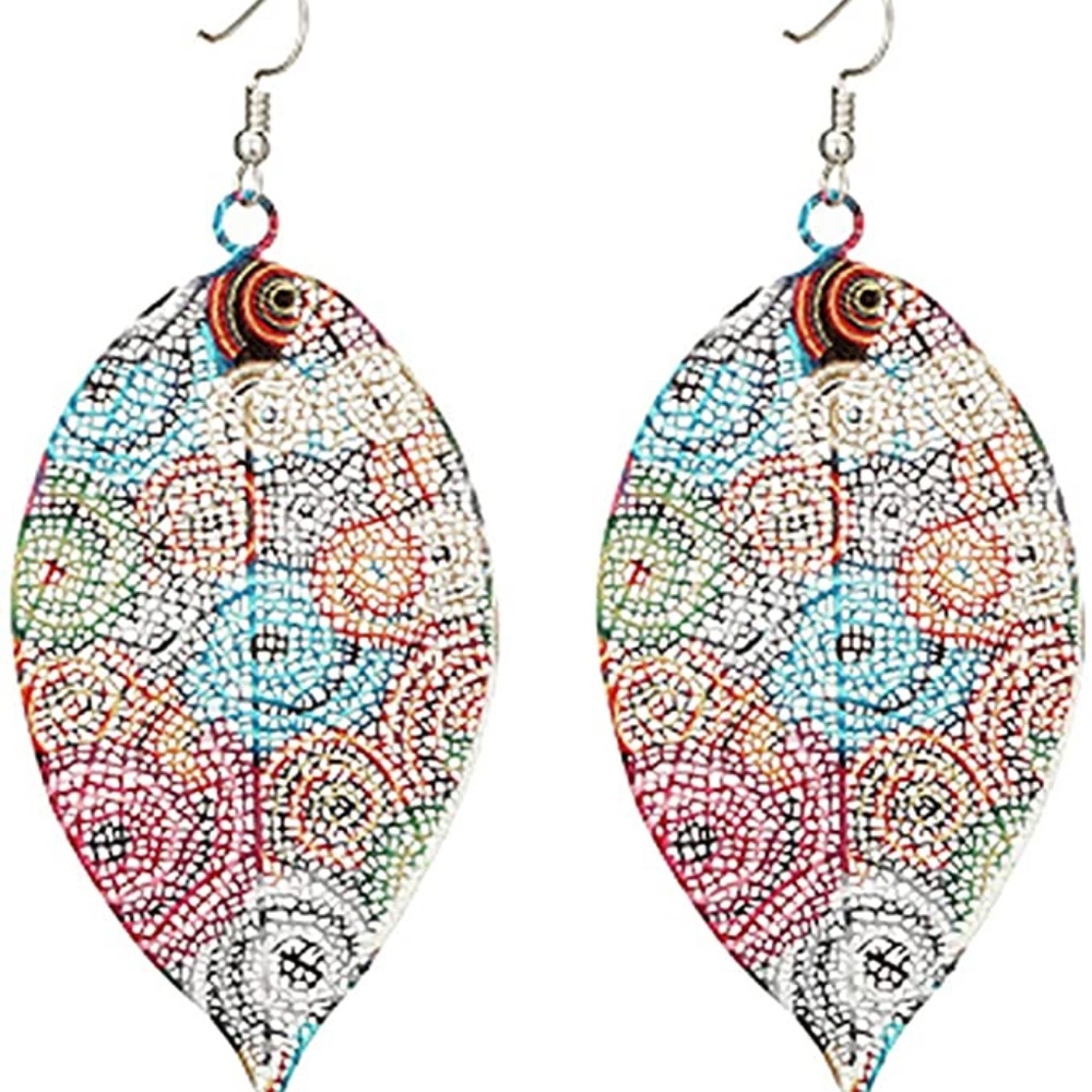 NWT Metal Hollow Colorful Leaf Pendant Drop Hook Earrings Statement Jewelry, Red